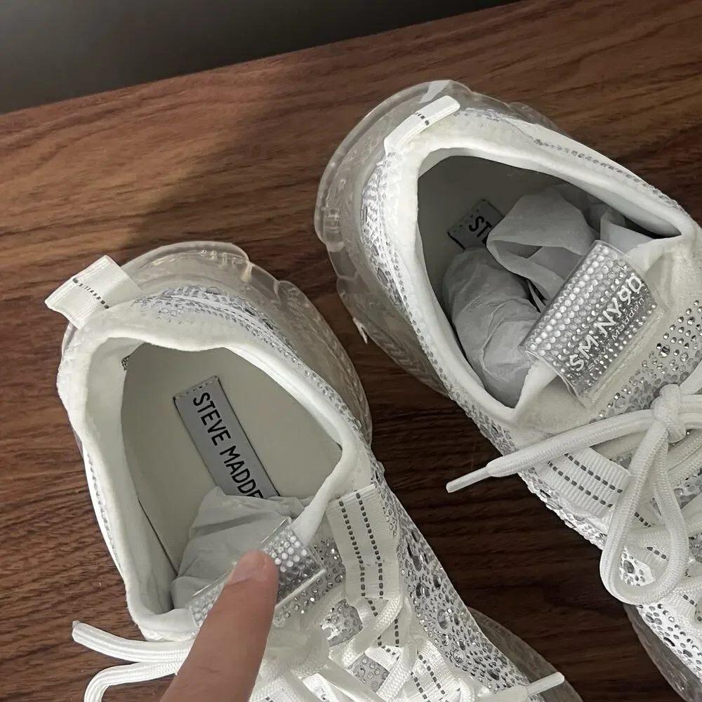 Steve Madden Women’s Size 10 White Rhinestone Crystal Chunky Sneakers NWOB